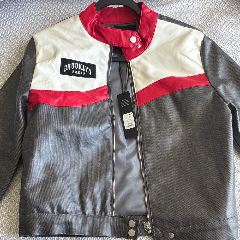 Fashion Nova Lucky 66 Bomber Jacket in Gray and Red